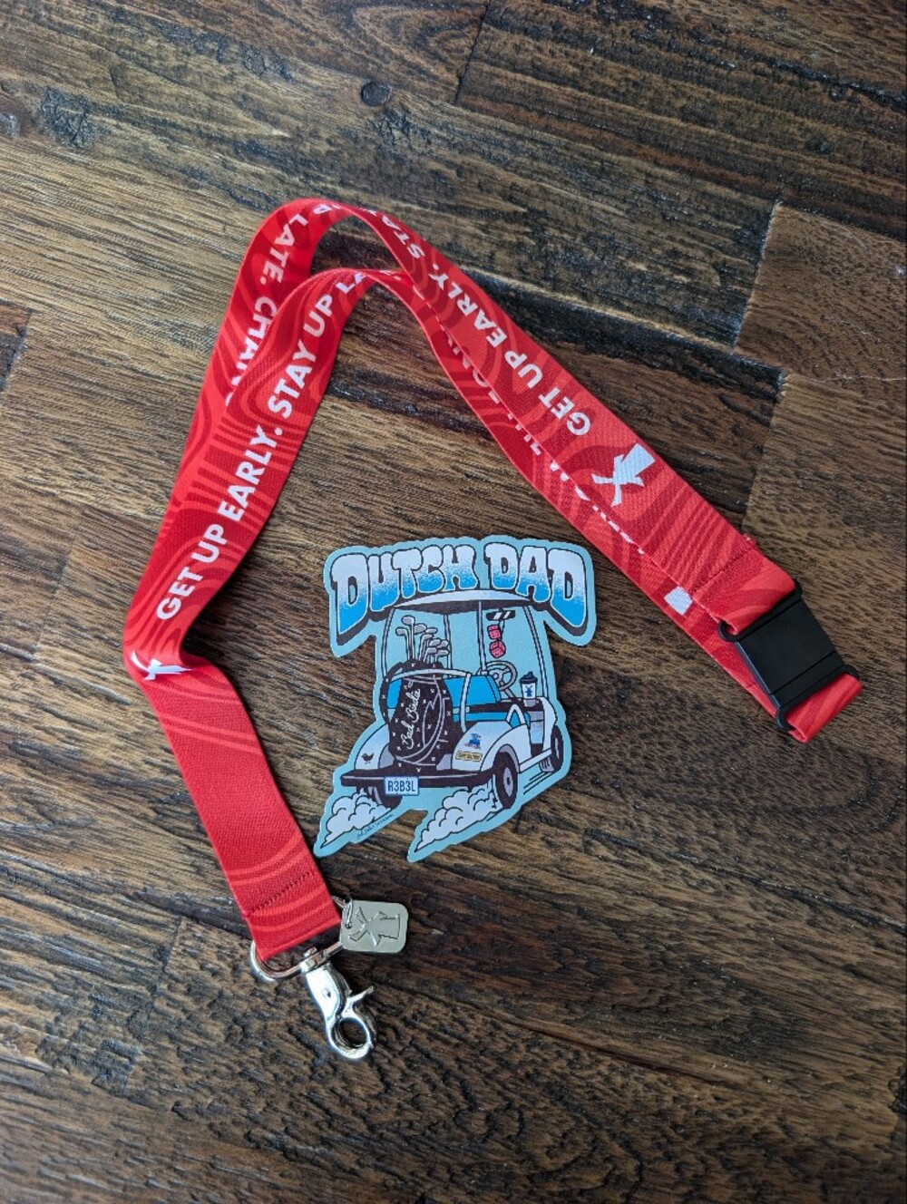 Dutch Brothers Red Lanyard + Dutch Dad Bad Birdie Limited Edition Vinyl Sticker